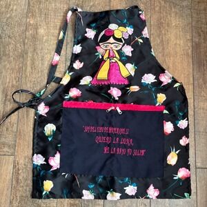 Frida Kahlo Apron Floral Black Roses Embroidered Zipper Pockets